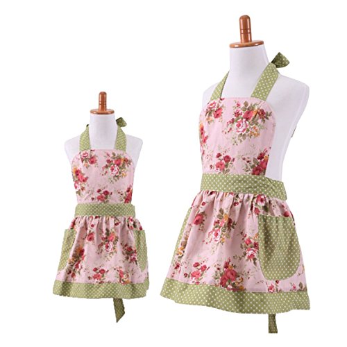 FirstKitchen  Lovely Classic Style Pink Floral Parent-Child Apron Women's Cooking or Baking Apron with 2 Pockets Mama & Kid Girl Apron Great Gift For Wife Daughters Ladies