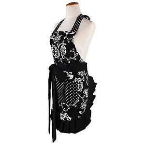 FirstKitchen  Apron for Women with Pockets, Extra Long Ties, G2PLUS? Floral Apron, Perfect for Kitchen Cooking, Baking and Gardening, 29 x 21 - inch (Black)