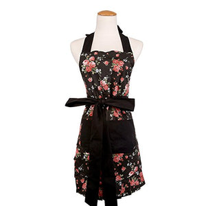 FirstKitchen Cotton Apron for Women with Pockets, Extra Long Ties, Black Peony Floral Apron, Perfect for Kitchen Cooking, Baking and Gardening, 29 x 21 - inch (Adult Women)